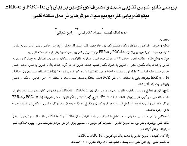بررسی تاثیر تمرین تناوبی شدید و مصرف کورکومین بر بیان ژن  PGC-1αو ERR-α میتوکندریایی کاردیومیوسیت‌ موش‌های نر مدل سکته قلبی